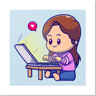 Cute Girl Working On Laptop Cartoon Posters and Art